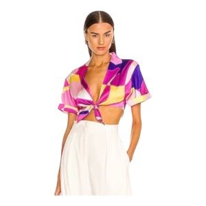 NEW Retrofete Siena Silk Crop Top Blouse in Fuchsia Pink Geo Print Tie Front S